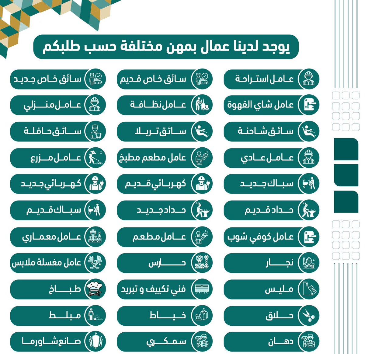 Anash0788's tweet image. السلام عليكم ورحمة الله وبركاته 
مكتب استقدام بالهند مومباي، 
سائق خاص 
سائق شاحنة/ تريلا/ بوكلين/قلاب 
عامل منزلي
عامل استراحة 
عامل نظافة
عامل زراعي
عامل مغسلة ملابس
عامل غسيل سيارات.
فني كهرباي
كهرباي سيارات
حلاق رجالي 
ميكانيكي ديزل
رقم الجوال
wa.me/+918369677915
@KSA