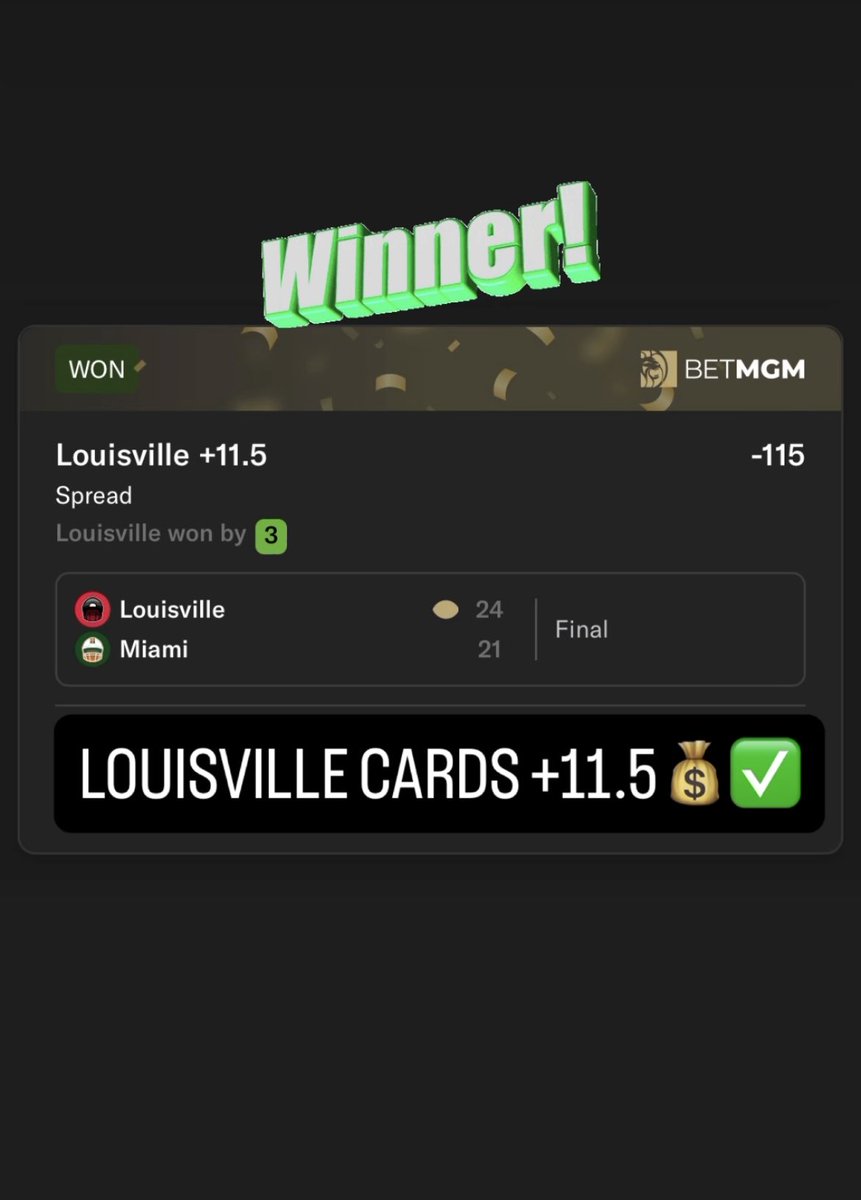 CHA CHING‼️College Football CASH

🏈NCAAFB🏈

-Louisville Cardinals +11.5💰✅

Real Picks, Real Slips, Real Wins🙌🏼
