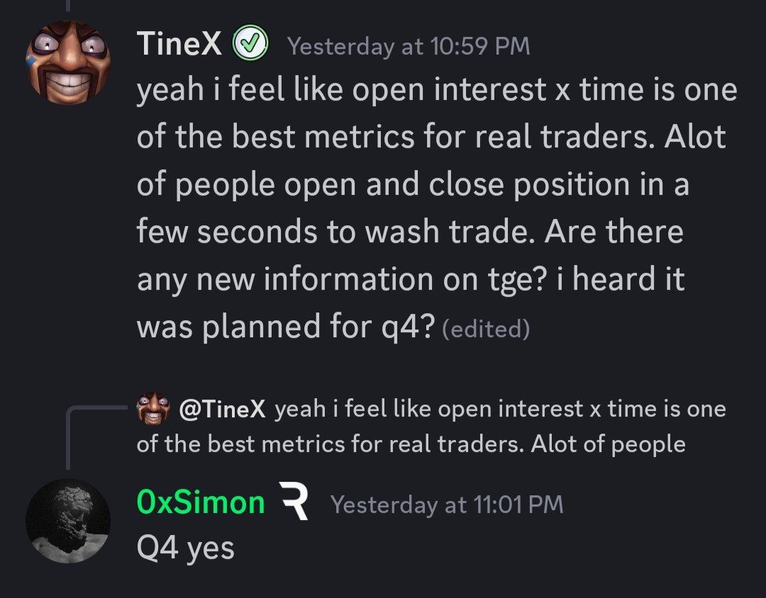 Reya 1 Point(RCP)=$10 Value Possible?

Speculation’s buzzing on perp DEX points (<a href="/Lighter_xyz/">Lighter</a>, @tradeparadex,<a href="/pacifica_fi/">Pacifica</a>, <a href="/extendedapp/">Extended</a> etc.)

 Here’s my take on Reya:

Points so far: 8.1M distributed, ~164K+/week added. By end Q4 2025 TGE, ~10M total.

Token allocation: ≥45% of