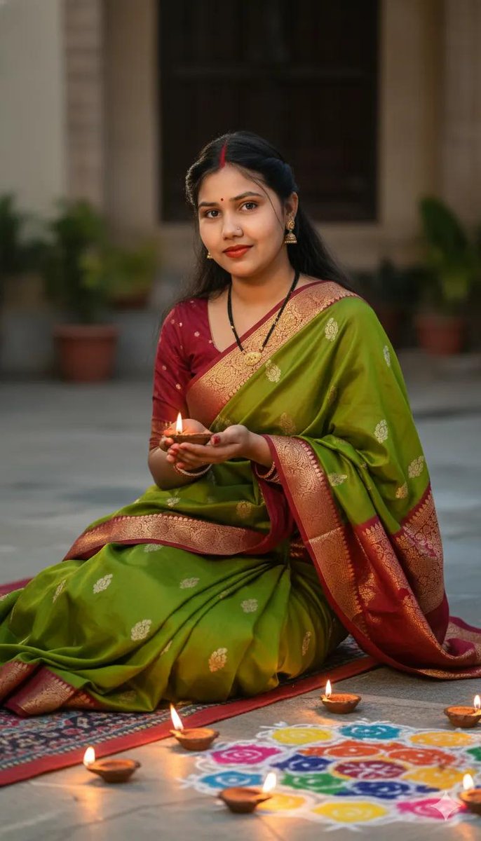 Diwali Rangoli decoration Prompt 
Use Google Gemini ai 🍁 

Prompt 👇 

Ultra-realistic portrait of a 22 years old Indian woman (exact facial match to the uploaded reference photo) wearing a beautiful parrot green and winered mixed colour design saree rouching gracefully.
She has