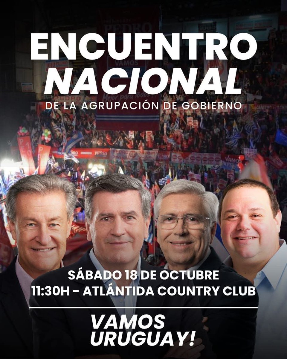 Hoy SÁBADO a las 11y30hs realizamos el Encuentro Nacional de Vamos Uruguay en Atlántida! Los esperamos ! <a href="/PedroBordaberry/">Pedro Bordaberry</a> <a href="/Tabareviera/">Tabaré Viera</a> <a href="/ggurmendez/">Gabriel Gurméndez</a>
