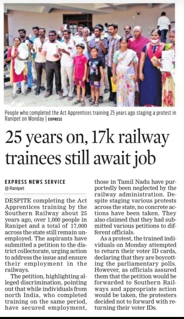Praveen37199940's tweet photo. @RailMinIndia
@rashtrapatibhvn
@NCSC_GoI
@GmIcf
@DGT_MSDE
@AshwiniVaishnaw
From 1998–2016, hundreds of SC Course Completed Act Apprentices trained at ICF were denied fair jobs.Why were their rights under Articles14,16 &338 of the Constitution ignored? #SCRights #EqualOpportunity https://t.co/2mjy1ya1WO