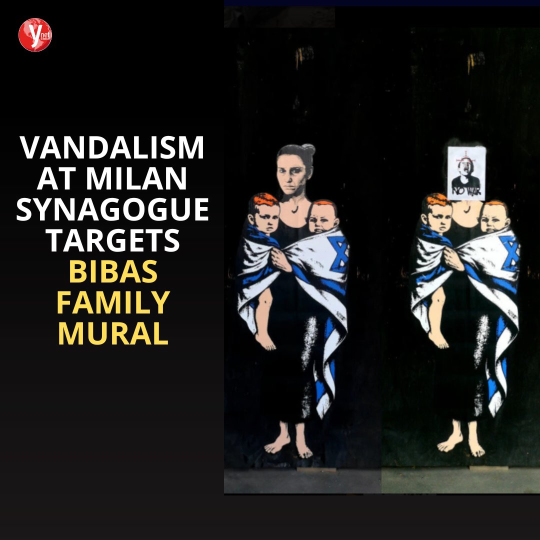 ynetnews's tweet photo. Artist aleXsandro Palombo’s mural honoring Shiri Bibas and her sons was vandalized with a 'No War' sign during a Milan synagogue event
***
A mural honoring the Bibas family, kidnapped and killed by Hamas, was vandalized during a memorial event at Milan’s central synagogue. The mural, titled "October 7, The Hostages," was created by Italian artist aleXsandro Palombo and unveiled earlier this month in front of the Consulate General of Qatar. It depicts Shiri Bibas and her two sons, Kfir and Ariel, who were abducted from Kibbutz Nir Oz and later killed during the war in Gaza.

https://t.co/hlyHln93Yf

#BibasMemorial #BibasFamily #Artists #aleXsandroPalombo #Milansynagogue #JewishCommunity #JewishNews #Antisemitism #ynetGlobal