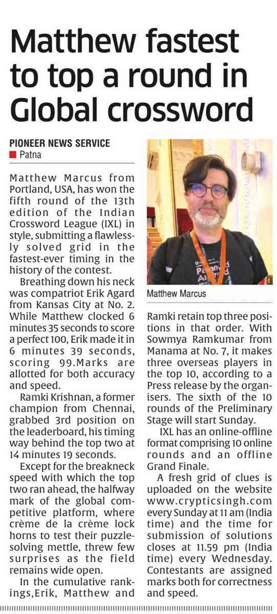 Matthew Marcus sets new record in in #IXL history. Secures 1st rank in the 5th round of global crossword contest. 
To participate, register at crypticsingh.com