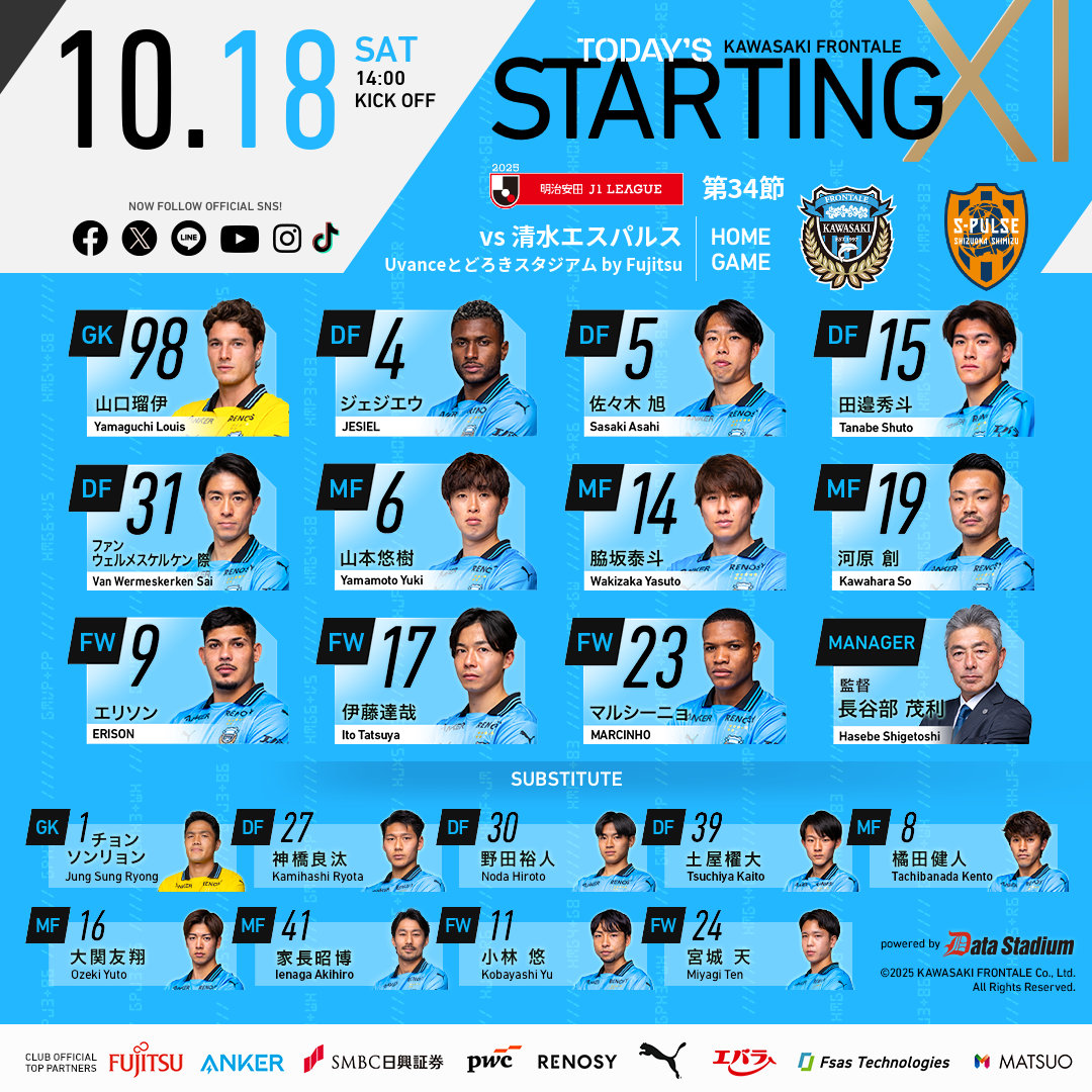 明治安田J1リーグ 第34節
🆚#清水エスパルス
スターティングメンバー発表🐬

【広報】 #frontale