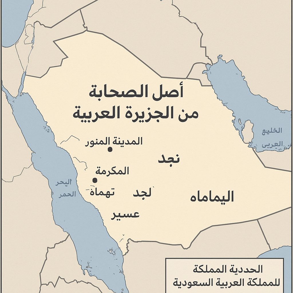 الصحابة كلهم من الجزيرة العربية، وغالبهم من المناطق التي تُعرف اليوم باسم المملكة العربية السعودية:

•المهاجرون من مكة المكرمة والطائف
•الأنصار من المدينة المنورة
•وغيرهم من قبائل الجزيرة الممتدة جنوبًا وشرقًا وغربًا

فبذلك تكون المملكة العربية السعودية اليوم هي الأرض التي