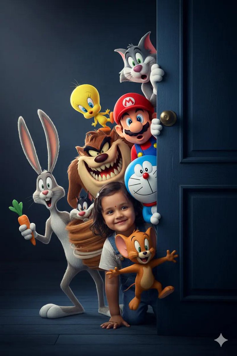 Create your child's Photograph with TV Cartoons

Step 1. Open Google Gemini ai 
Step 2. Select your photo
Step 3. Write Prompt 

Prompt: 

A 5-year-old child, smiling, peers curiously from behind a dark blue, half-open door. Surrounding him, also peering out, are the characters