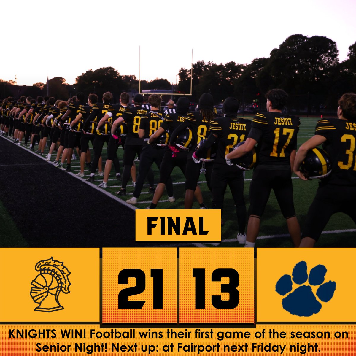 KNIGHTS WIN! Tonight we celebrated the 19 seniors on the team this year and then the boys went out and gave it their all for the first win of the season! Knights will look to gain momentum into the playoffs next Friday night at Fairport. #AMDG @secvfootball @primetimeball_