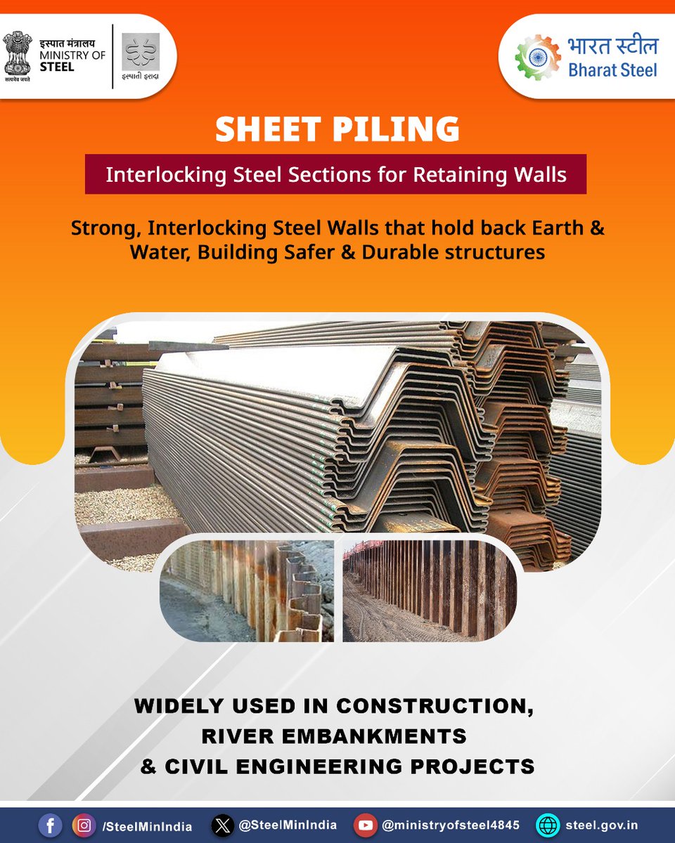 SteelMinIndia's tweet image. Sheet Piling — Strong, interlocking steel sections that hold back earth and water, creating stable walls for construction and infrastructure projects. Perfect for quays, embankments, and deep excavations.🏗️

#SheetPiling #SteelConstruction #EngineeringMarvel #Infrastructure