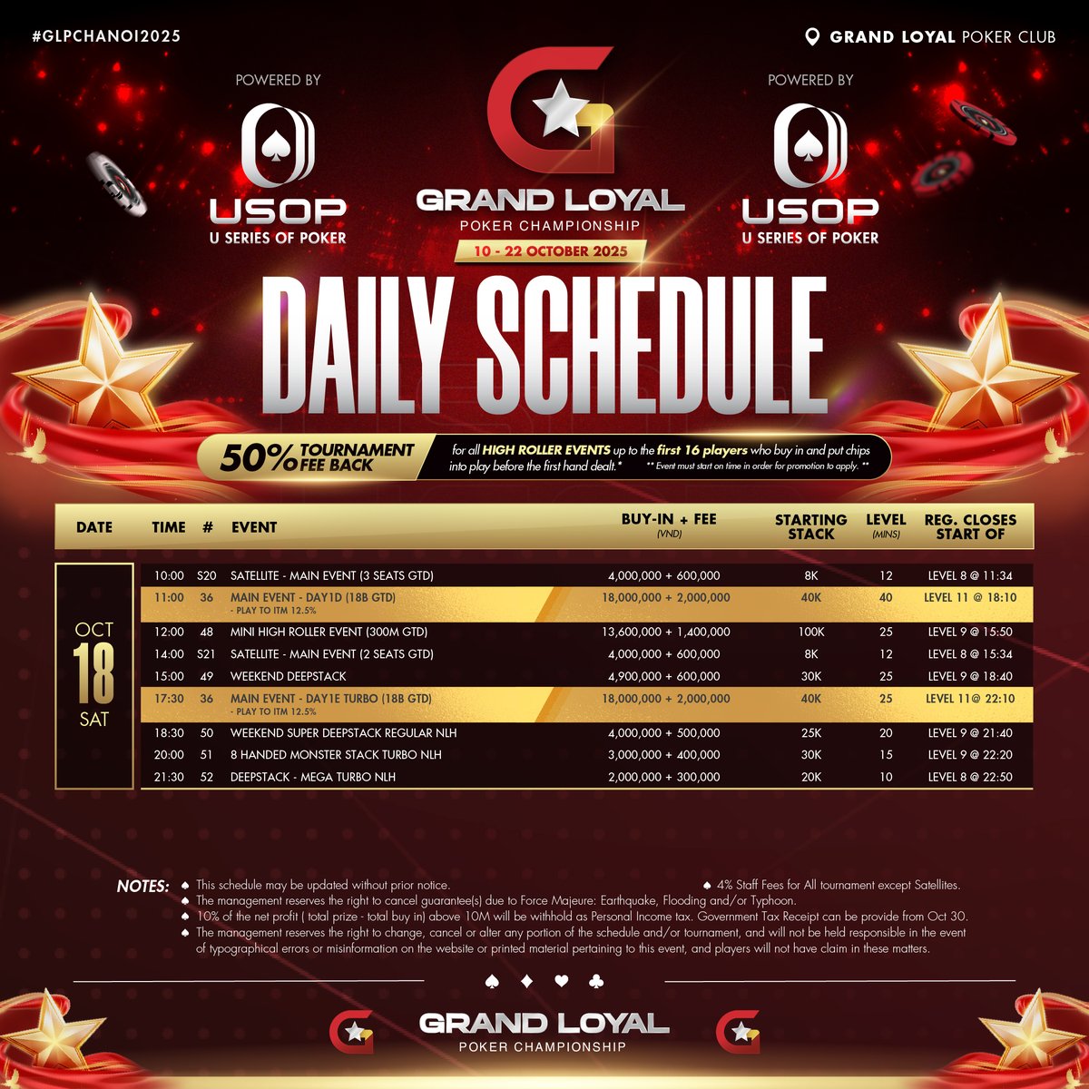 GLPC Championship powered by USOP – Day 9 Schedule

Today’s Highlights:
* Main Event – Day 1D &amp; 1E Turbo (₫18 Billion GTD)
 Last chance for players to secure their seat and battle for a share of the massive 18 Billion VND guaranteed prize pool.