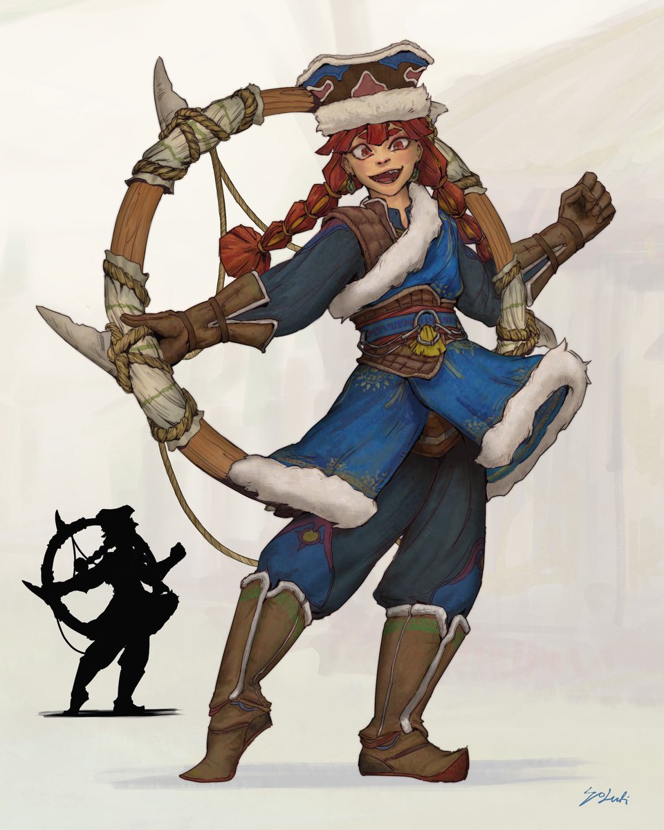 wolufi's tweet image. A concept design I got to refine recently 🥳. She’s a snarky little chompchomp 👹

Inspired from a combination of Mongolian fashion + ring-swords with a touch of acrobatics ;&amp;gt; 

#conceptdesign #character_design #characterconcept