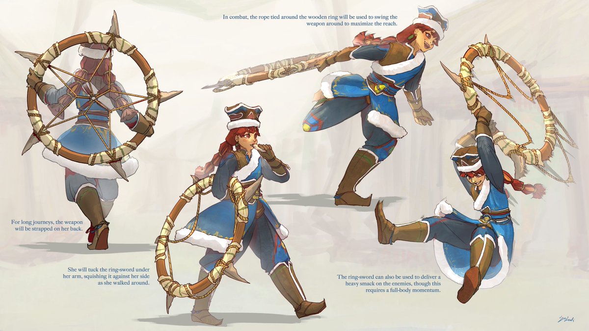 wolufi's tweet image. A concept design I got to refine recently 🥳. She’s a snarky little chompchomp 👹

Inspired from a combination of Mongolian fashion + ring-swords with a touch of acrobatics ;&amp;gt; 

#conceptdesign #character_design #characterconcept