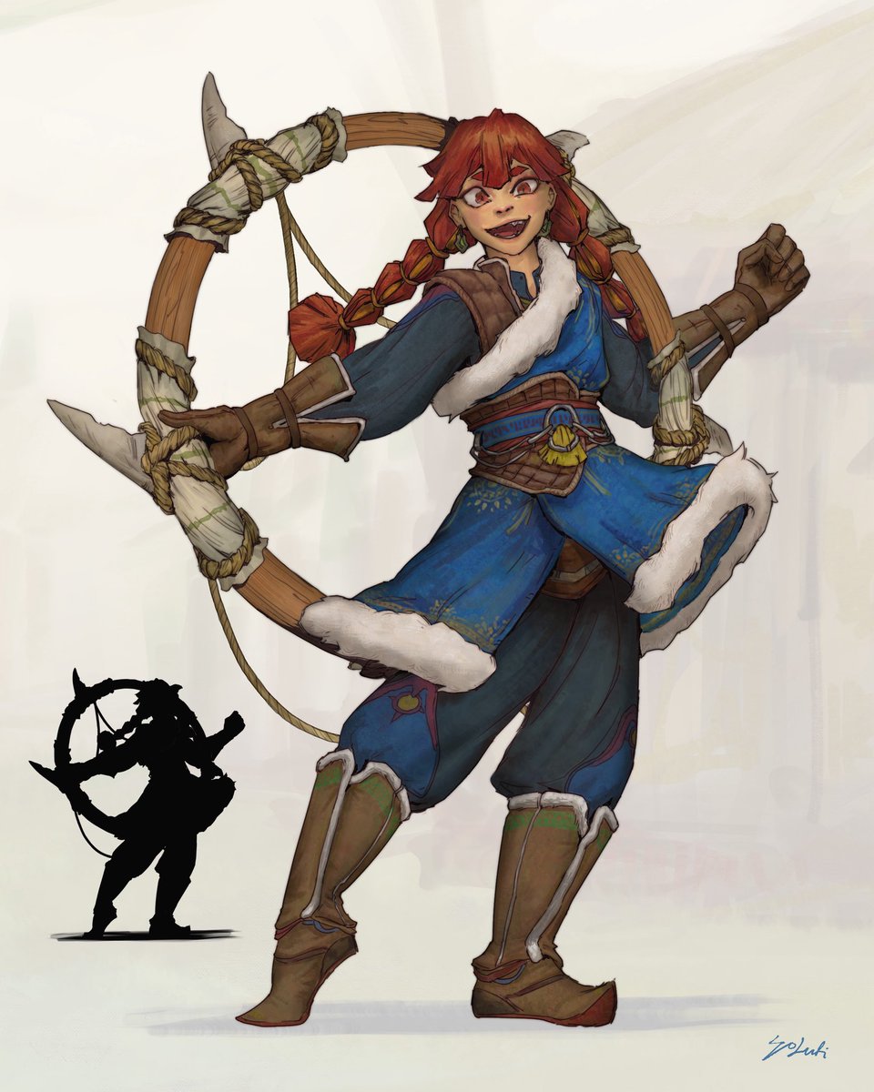 wolufi's tweet image. A concept design I got to refine recently 🥳. She’s a snarky little chompchomp 👹

Inspired from a combination of Mongolian fashion + ring-swords with a touch of acrobatics ;&amp;gt; 

#conceptdesign #character_design #characterconcept