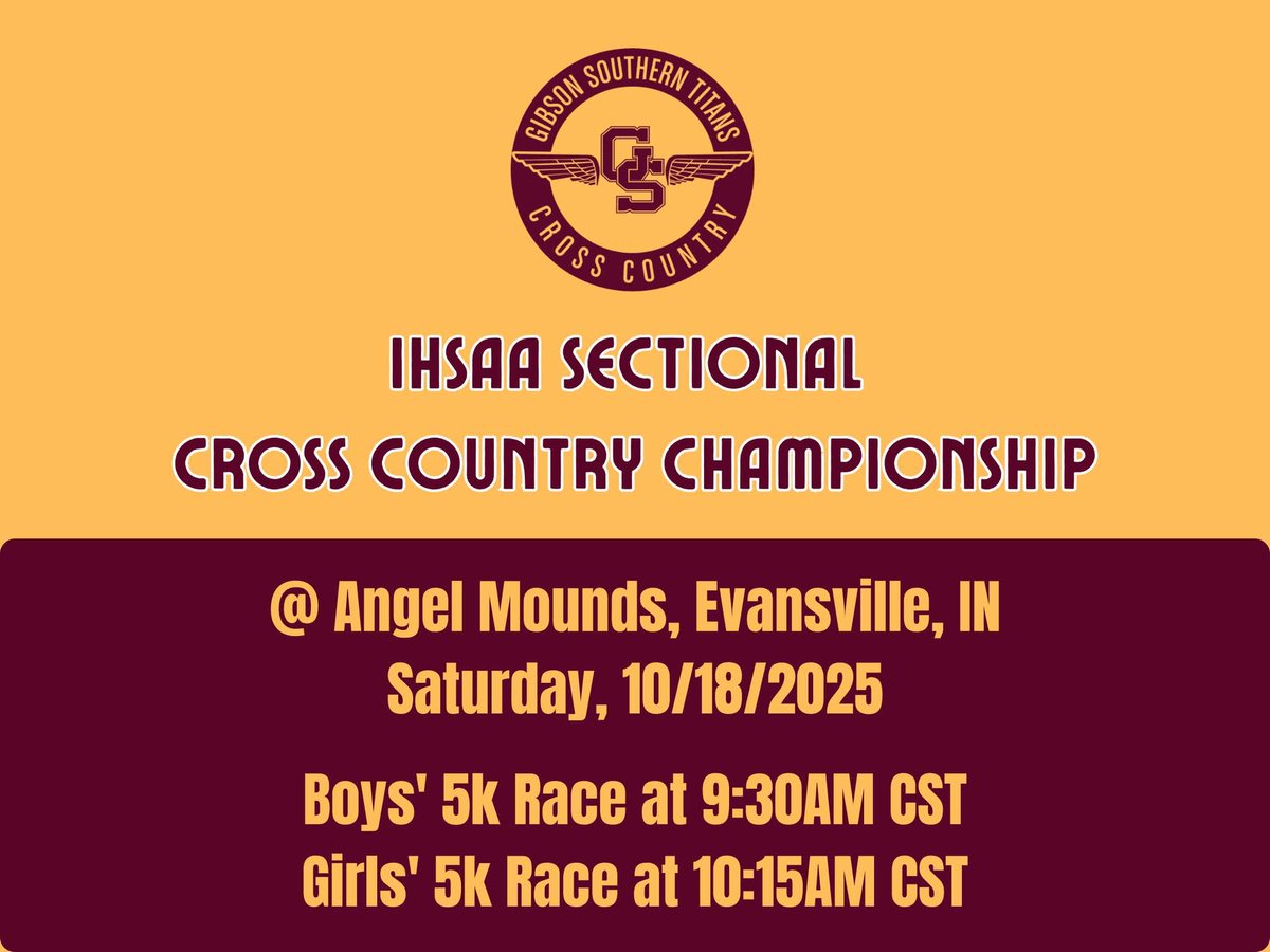 Sectional Day at Angel Mounds! 
Saturday, October 18, 2025  
Angel Mounds Cross Country Course  
Boys' 5k – 9:30AM CST, Girls' 5k – 10:15AM CST  

Results:  timingmd.com/Results/xc/md_…

$8 admission for spectators

#TitanPride
#GSXC