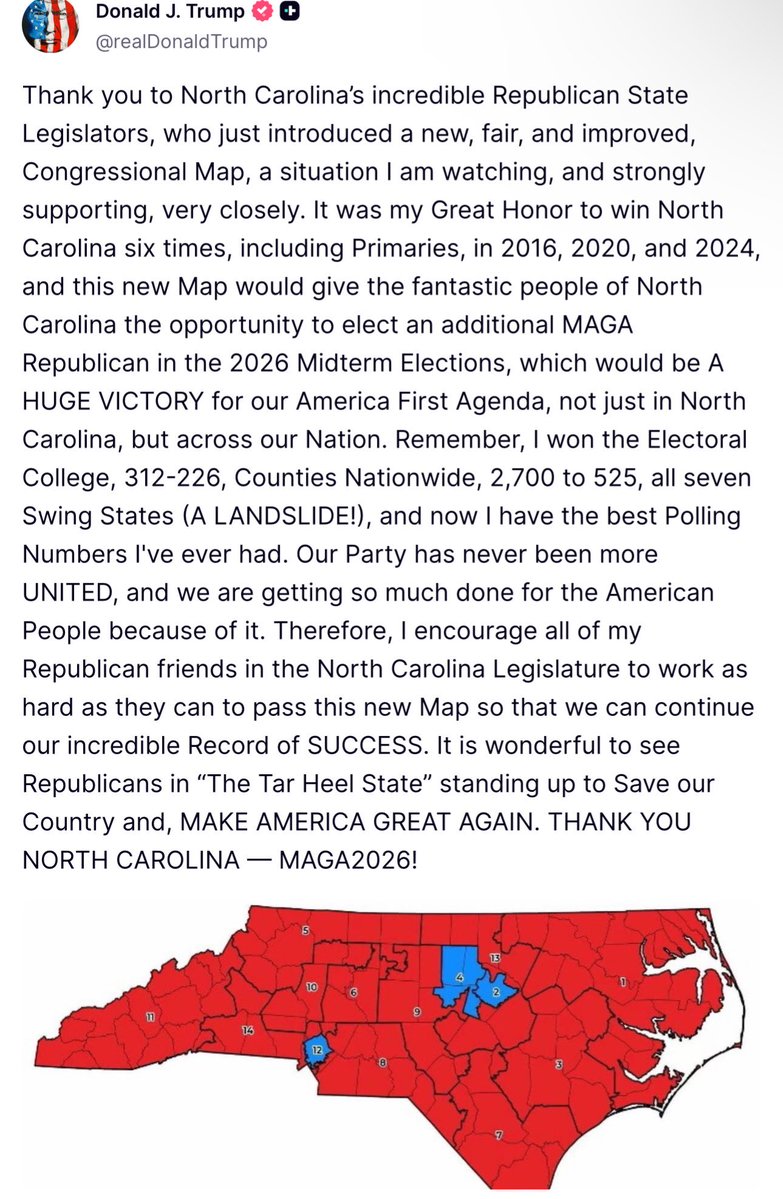 North Carolina legislative leaders haven’t passed a budget. 

Teachers are not getting paid what they deserved. Law enforcement is underfunded.

But they have found the time to introduce a rigged map for Donald Trump.

Disgraceful.