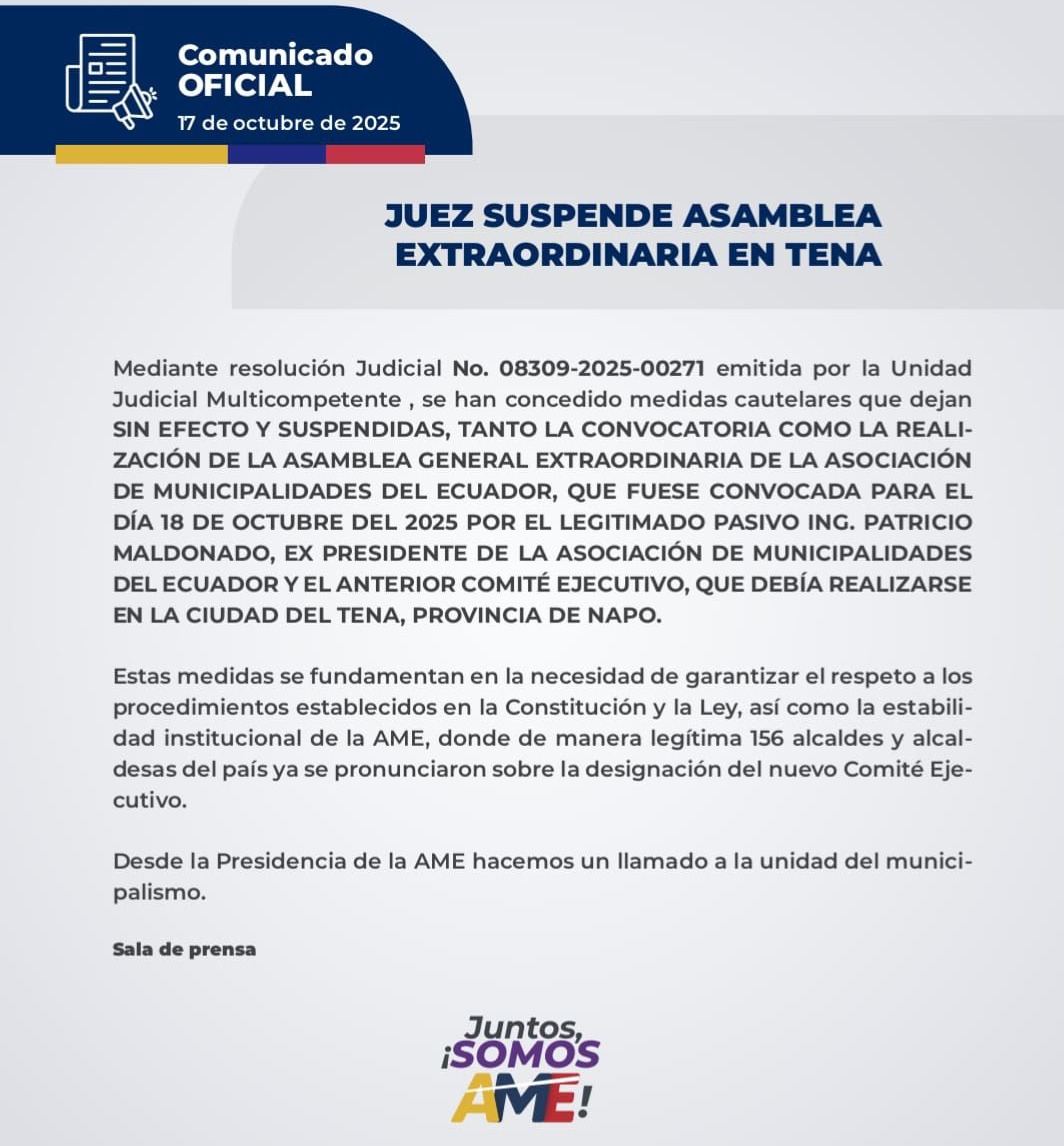 #Urgente. Juez suspende audiencia sobre medidas cautelares del caso #AME. 

Mediante Resolución Judicial se deja sin efecto y suspendidas tanto la convocatoria como la realización de la Asamblea extraordinaria que fue convocada para el sábado 18 de octubre en Tena, se informa.