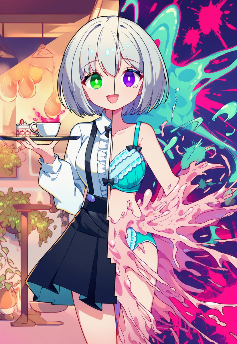 AI_Illust_000's tweet image. 使えるかもしれないプロンプト(NovelAI V4.5 Full)

｢dual persona｣
一つのキャラクターの2つの姿や心情を1枚のイラストに描く時。

｢split screen｣
画面を左右に分割する場合。

｢split theme｣
分割したイラストの左右にそれぞれ異なるテーマで描く場合を指すタグ。