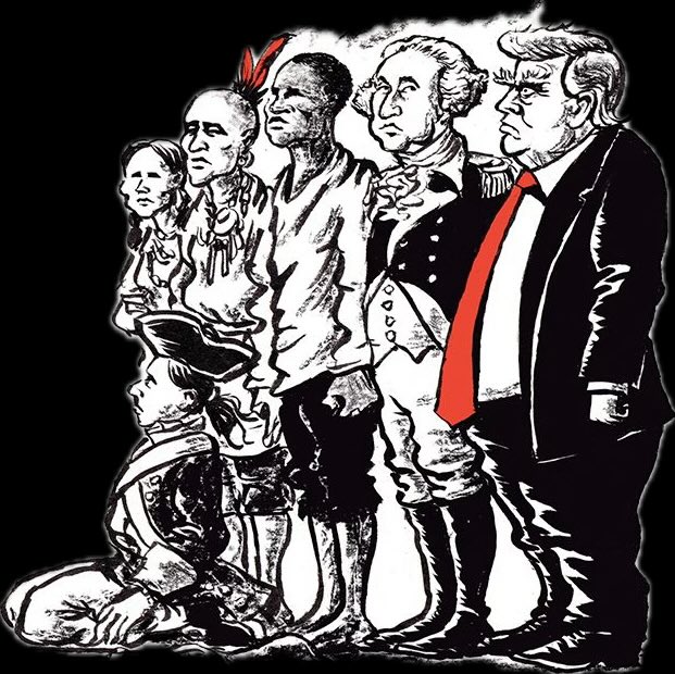 The image appears to be a satirical cartoon depicting a historical progression of American leadership or influence, blending figures from different eras—such as a Native American, a colonial soldier, George Washington, and a modern political figure with a prominent red tie.