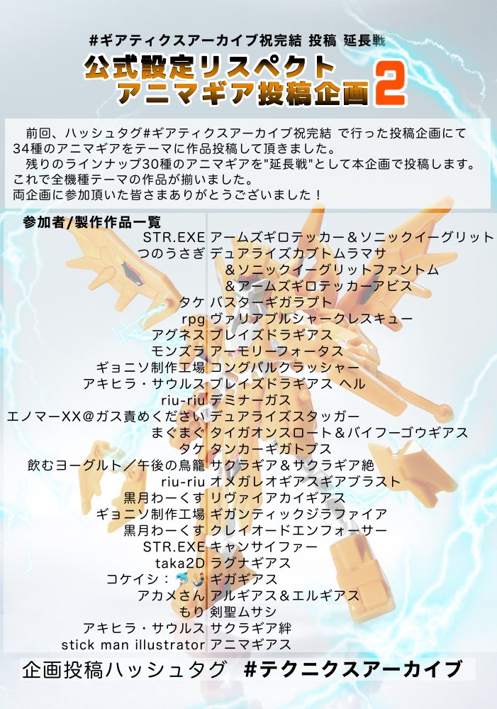 animag_event's tweet photo. 【告知】
#ギアティクスアーカイブ祝完結
8月に投稿した企画で作りきれなかった残り30機体分を、こちらのユーザーの方々に追加で製作して頂きました。
明日10/19(日)↓のハッシュタグで順次投稿予定です！
#テクニクスアーカイブ

お楽しみに！⚙️
#アニマギア https://t.co/SMS9bTYSF4