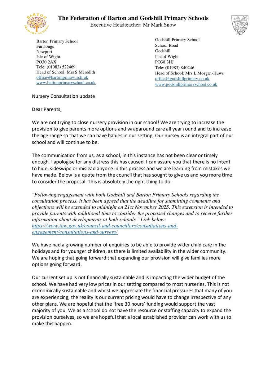 GodshillMatters's tweet photo. Open Letter from Godshill Primary School - Nursery Consultation Update "We are NOT trying to close nursery provision - we  are trying to increase the age range so that we can have babies in our setting. " https://t.co/iM64QZzdKs https://t.co/VszHgqtpm4