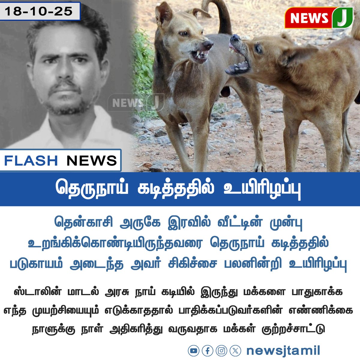 NewsJTamil's tweet photo. #FLASHNEWS || தெருநாய் கடித்ததில் உயிரிழப்பு

#Tenkasi | #StrayDogAttack | #PublicSafetyCrisis | #DogBiteDeath | #StalinModelGovernment | #TamilNaduNews | #GovernmentNegligence | #ProtectThePeople | #RisingIncidents | #PublicOutrage | #HealthAndSafety | #TNUpdates | #dmkfails | #mkstalinfails | #newsj
