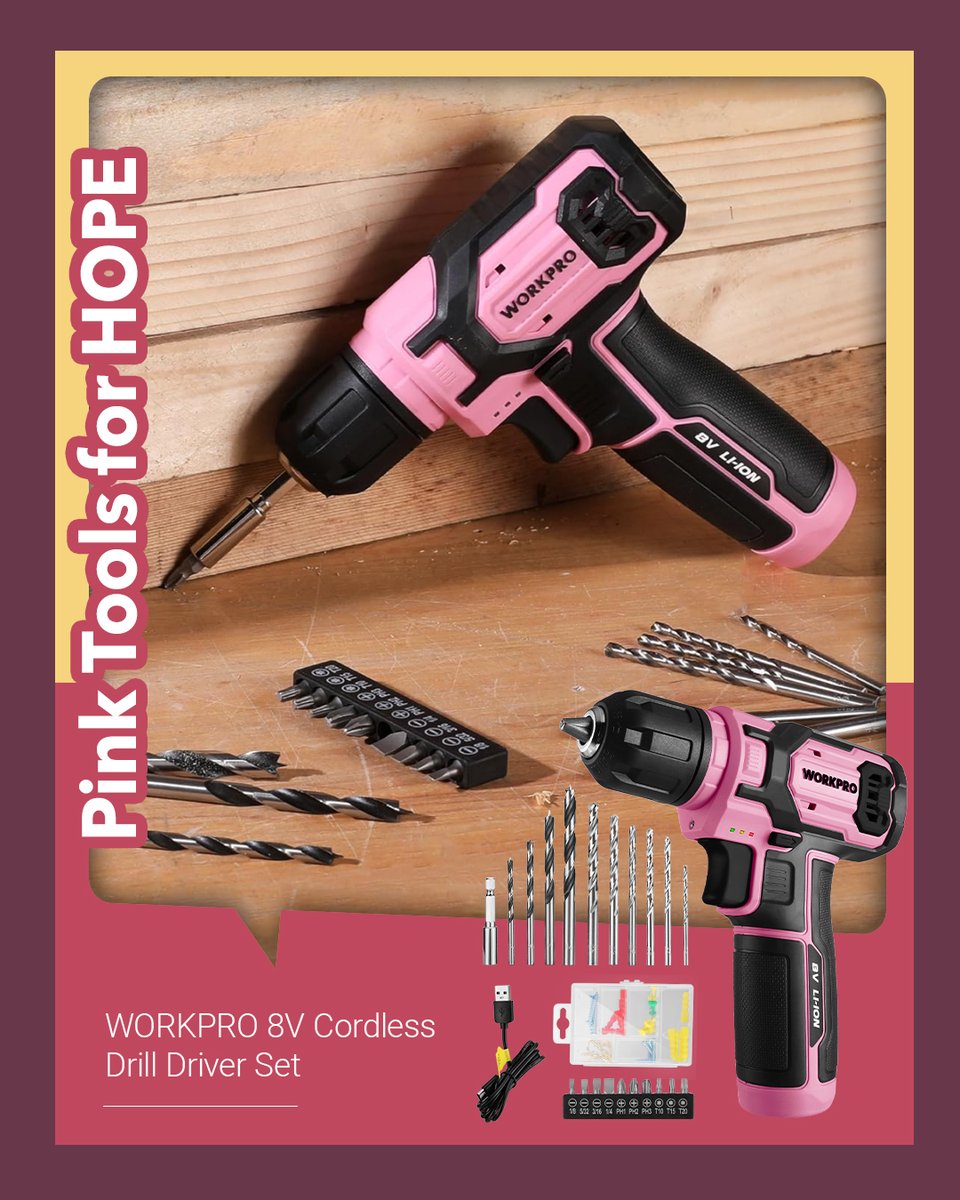 workpro_tools's tweet image. 💗🔩 Our 8V cordless drill driver with 53pcs bits is your new DIY partner in pink! Drills through projects like a boss! #PinkToolsforHOPE
💗Find yours here!👉 amzn.to/3LhCWNm
#workprotools #nbcf #proudpartners #breastcancerawarenessmonth #pinktools