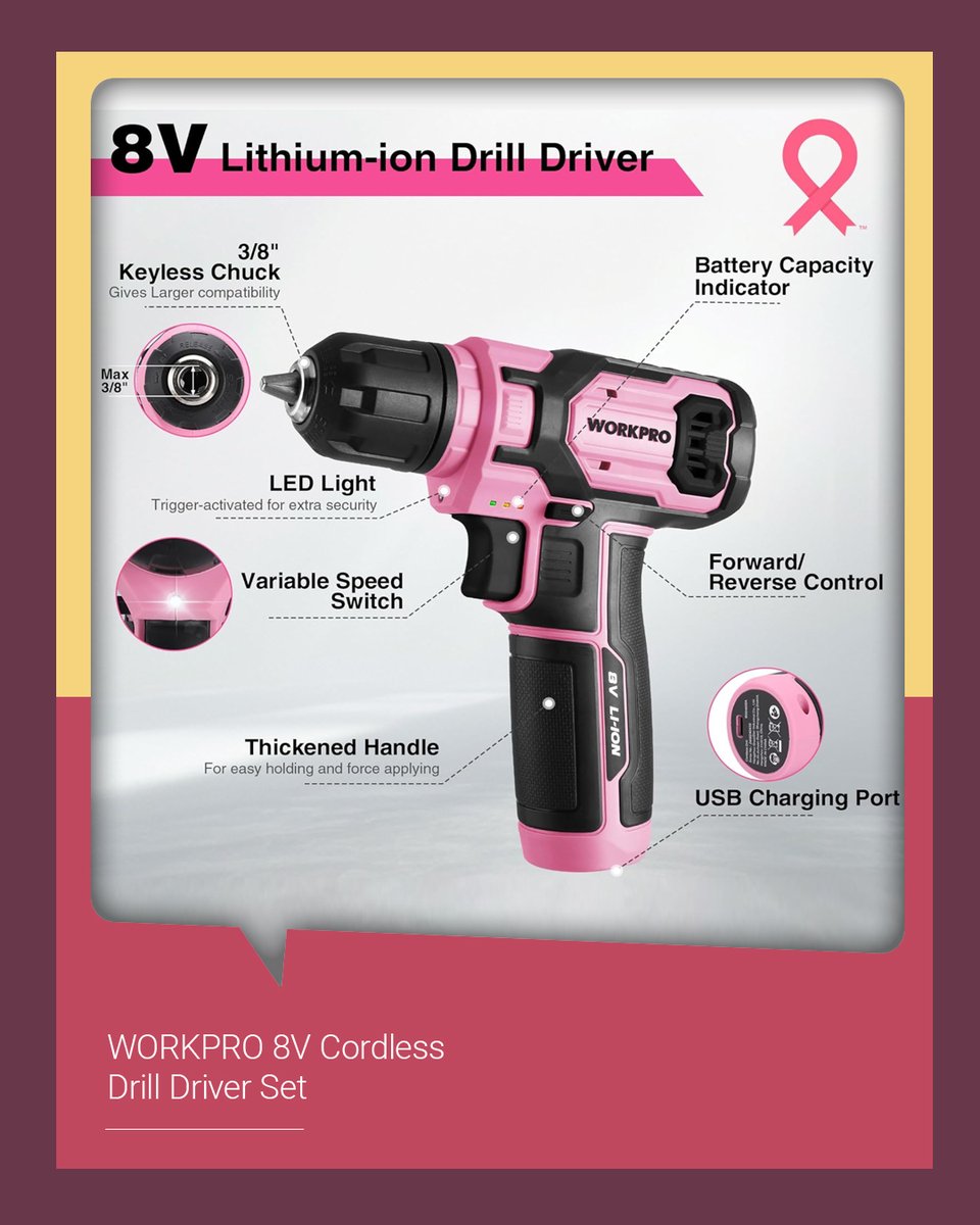 workpro_tools's tweet image. 💗🔩 Our 8V cordless drill driver with 53pcs bits is your new DIY partner in pink! Drills through projects like a boss! #PinkToolsforHOPE
💗Find yours here!👉 amzn.to/3LhCWNm
#workprotools #nbcf #proudpartners #breastcancerawarenessmonth #pinktools