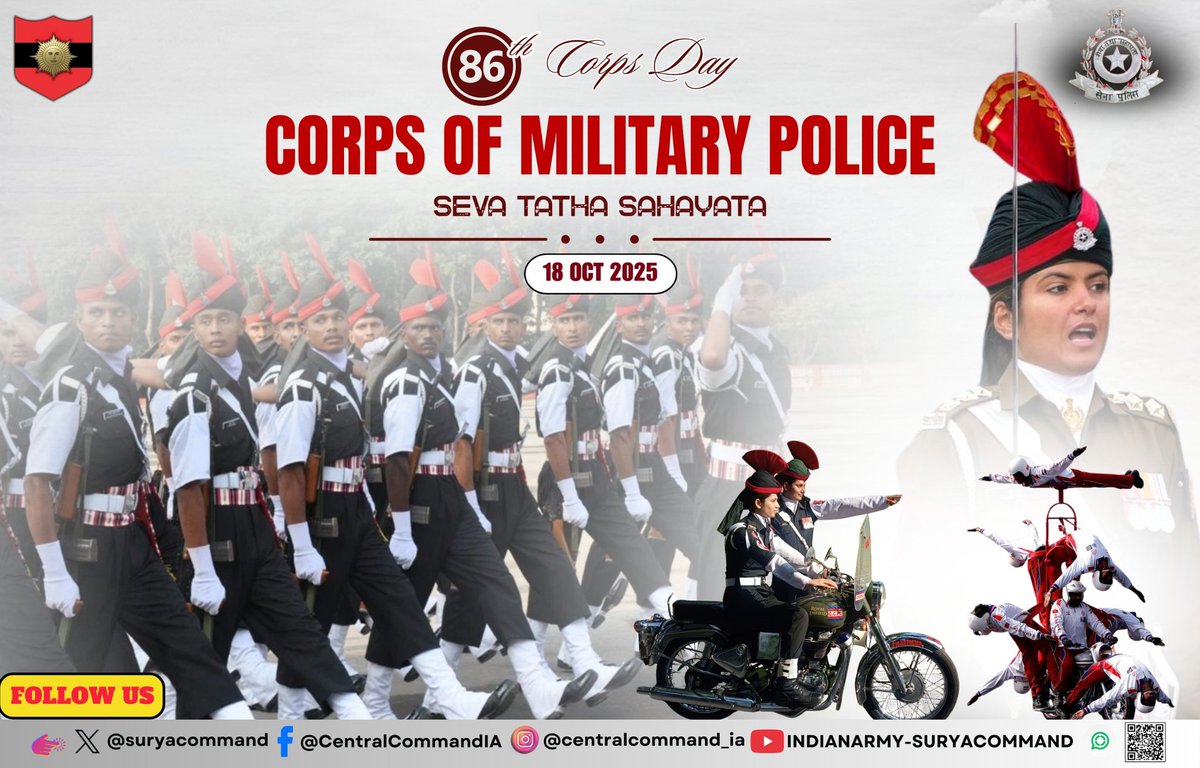 suryacommand's tweet image. "𝗦𝗲𝘃𝗮 𝗧𝗮𝘁𝗵𝗮 𝗦𝗮𝗵𝗮𝘆𝗮𝘁𝗮"  🇮🇳

#SuryaCommand extends heartfelt greetings and best wishes to All Ranks, Veterans and Families of Corps of Military Police (#CMP) on the occasion of 86rd Corps Day. 
 
#IndianArmy 
#SuryaCommand 
#CMPDay
#CorpsOfMilitaryPolice

@adgpi