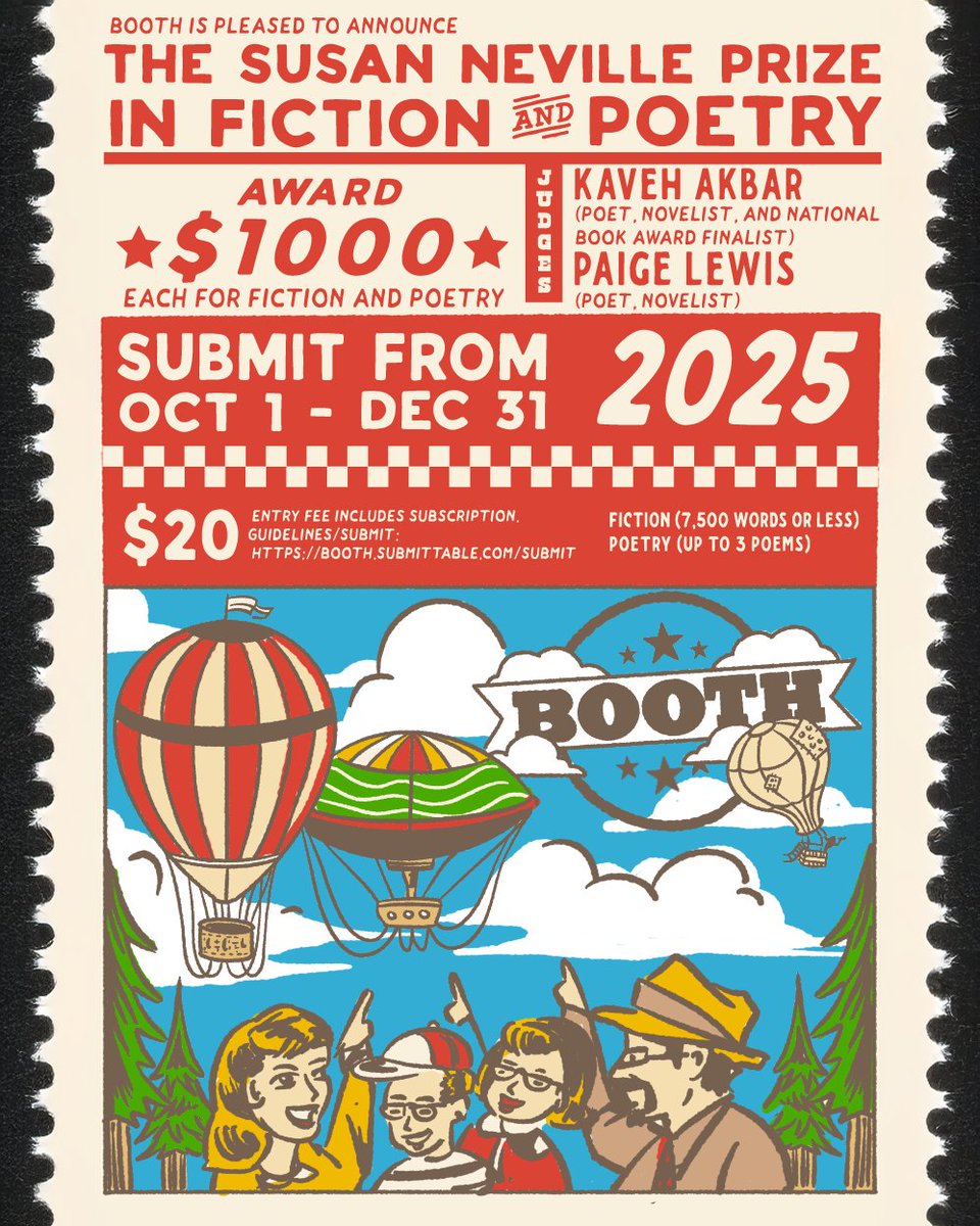newpages's tweet image. 🚨 New contest alert! Submit to the Susan Neville Prizes in Fiction &amp;amp; Poetry from Booth.
🏆 $1,000 + publication
🖊️ Judges: Kaveh Akbar &amp;amp; Paige Lewis
📅 Deadline: Dec 31
📎 $20 entry (includes 2-issue subscription)

@boothajournal #WritingContest #writers newpages.com/blog/where-to-…