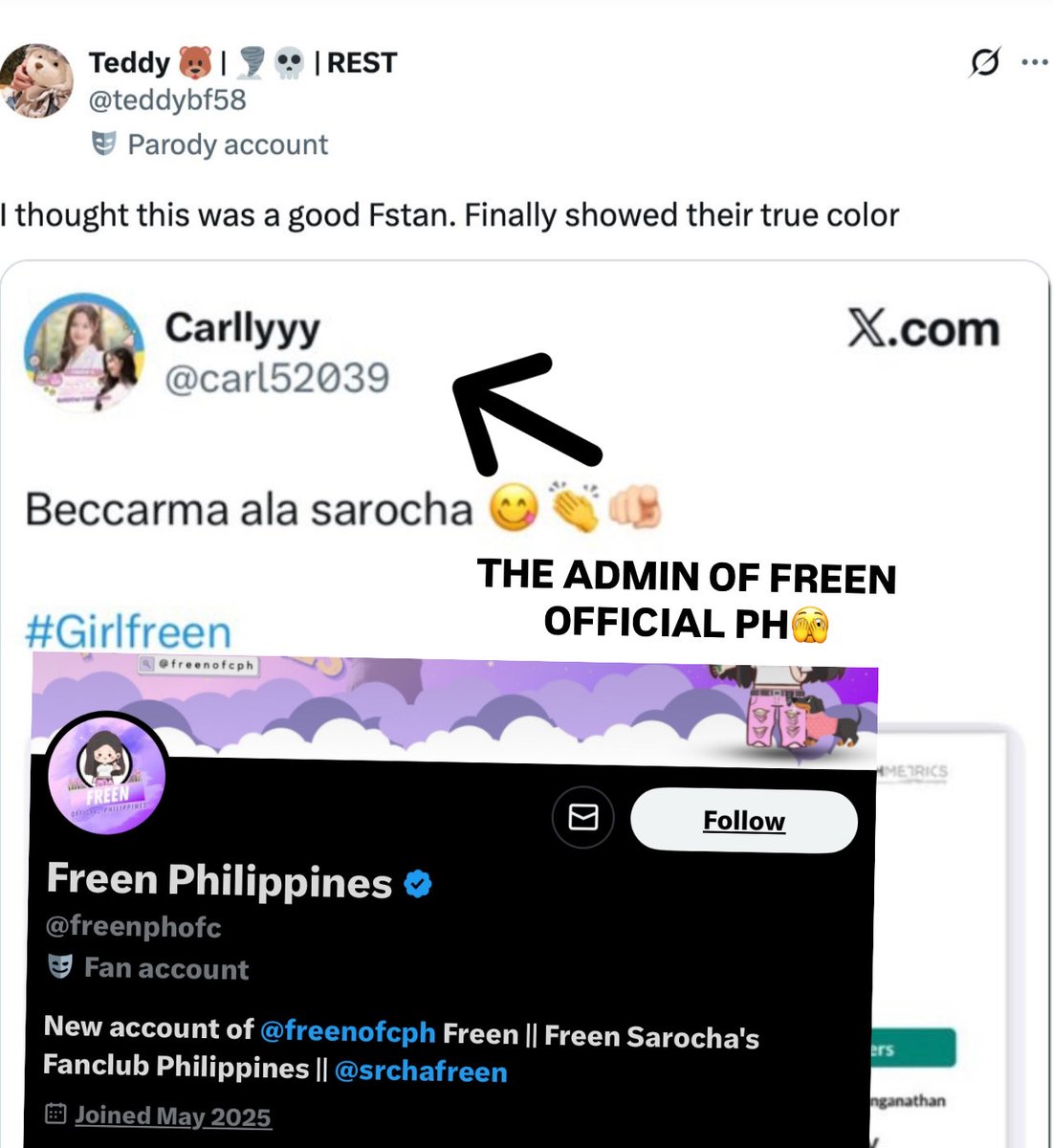 chcsabacs's tweet image. to the people who didnt know this toxic @carl52039 is one of the admins of @freenphofc this b!tch shading becky even before and imagine a admin of fc na kind kuno but lowkey showing the true colors na🤣 thats how insecure and jealous she is towards becky