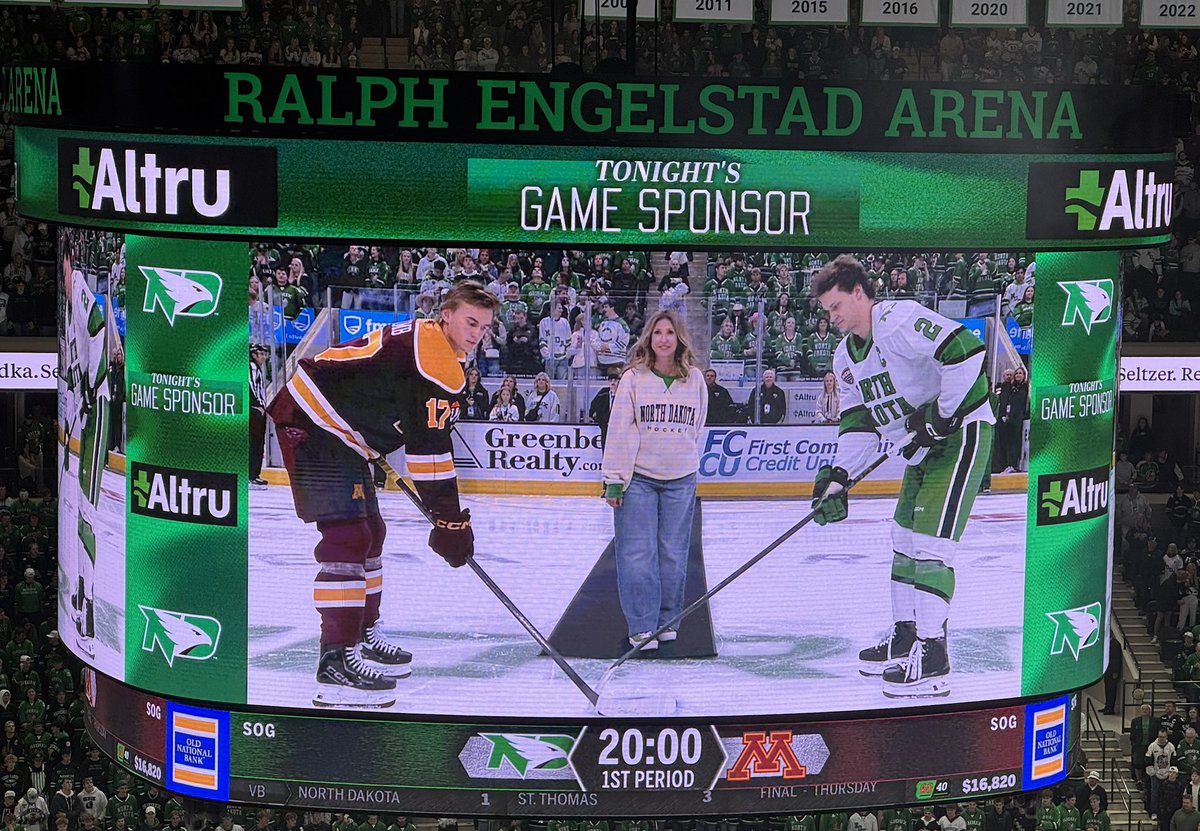 A great moment for southeastern Minnesota hockey tonight, prior to the Gophers game at North Dakota.

The ceremonial puck drop featured a kid from Byron (Brody Lamb) and one from Rochester (Bennett Zmolek), the captains of two of the historically great programs in college hockey.
