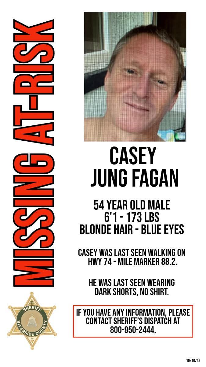 I have been retained in the case of missing person Casey Fagan. On October 7th, Casey was involved in a single-vehicle rollover accident on Highway 74 at mile marker 88.2 heading into  Palm Desert. Witnesses stopped at the scene and saw Casey climb out of the overturned vehicle