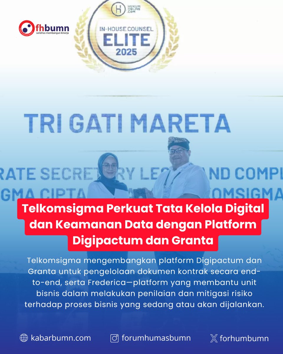 ForHumBUMN's tweet image. Kehadiran Digipactum dan Granta, turut memperkuat tata kelola perusahaan, sistem keamanan siber, dan literasi digital sumber daya manusia agar transformasi digital berjalan aman, berkelanjutan, dan berdaya saing tinggi.