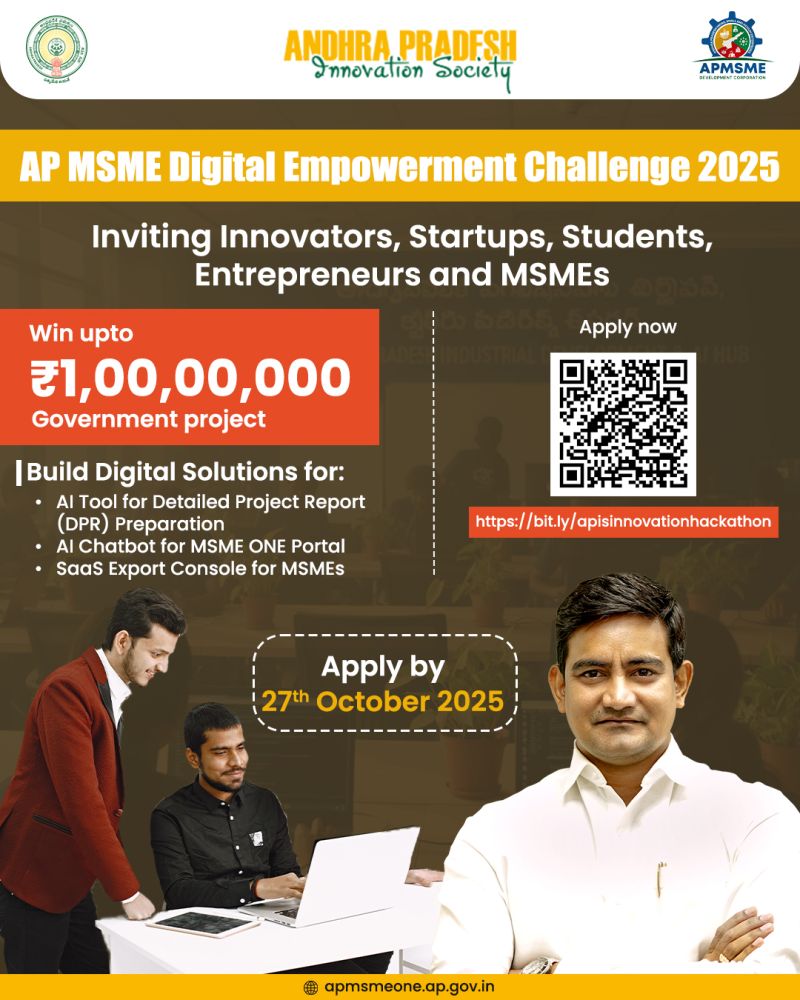 Startup_APIS's tweet image. 🚀 AP MSME Digital Empowerment Challenge 2025!

Build AI-driven tools like DPRs, Chatbots &amp;amp; SaaS Consoles to boost Andhra’s MSMEs 💡

🏆 Win Govt Work Orders worth ₹1 Cr!
🗓️ Apply by 27 Oct 2025
🔗 lnkd.in/g6VjN793 

#APMSME #AIforMSMEs #StartupAP #InnovationChallenge