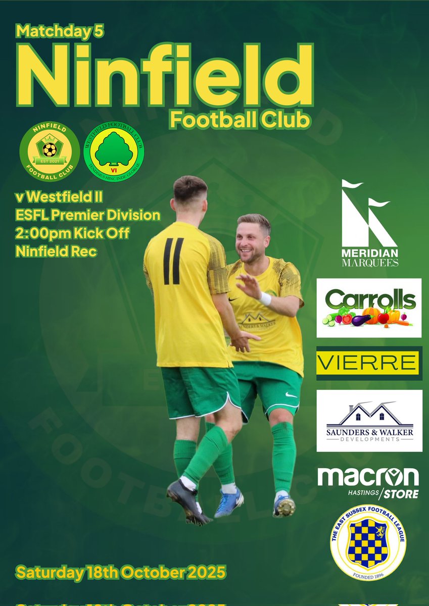 ⚽️ Ninfield v Westfield II
🏆 ESFL Premier Division
📍 Ninfield Rec
🕑 14:00 Kick Off
🗓 Saturday 18th October 2025

🟡⚽️🟢
#UpTheNins
