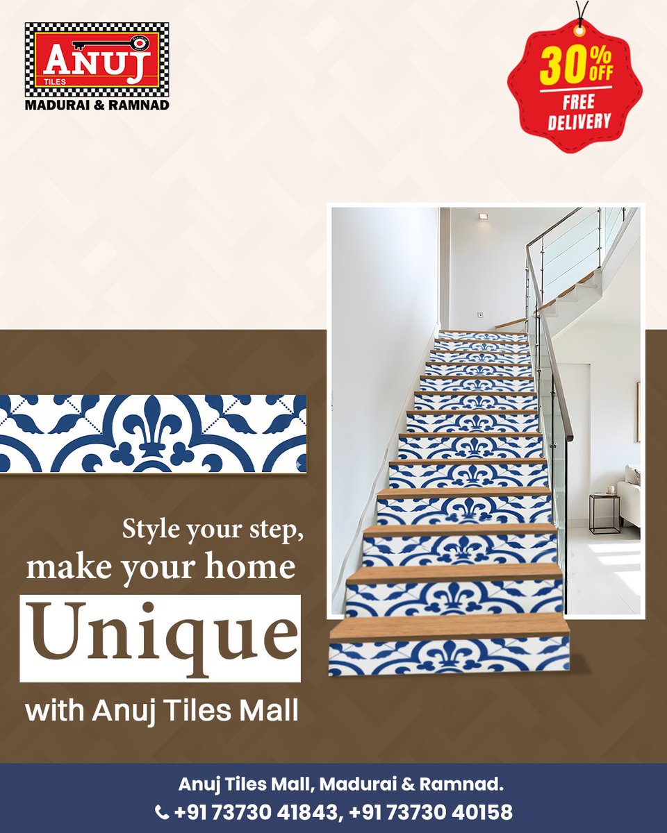 AnujTilesmall's tweet image. 💎 Stair makeover starts here!

 Step Riser Tiles – Architect-inspired, elegant &amp;amp; durable designs!

Free Delivery + 30% OFF
📍 Only @ Anuj Tiles Mall
Madurai &amp;amp; Ramnad
📞 73730 41843 | 73730 40158

#StylishSteps #StepRiserTiles #tiles #steptilesforhome