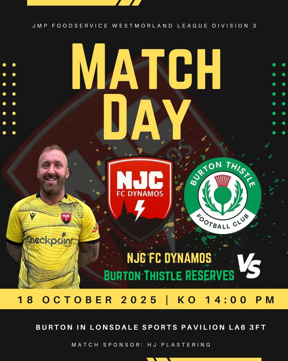 𝐌𝐀𝐓𝐂𝐇𝐃𝐀𝐘

We face Burton Thistle FC Reserves for the second time this season.

🆚️ Burton Thistle Res
🏡 Home Burton in Lonsdale LA6 3FT
🕖 Kick off 14:00
🏆 Westmorland Division 3

🏟 Match Sponsor: HJ plastering 
👥 First Team Management Sponsor: Stainsby Joinery
