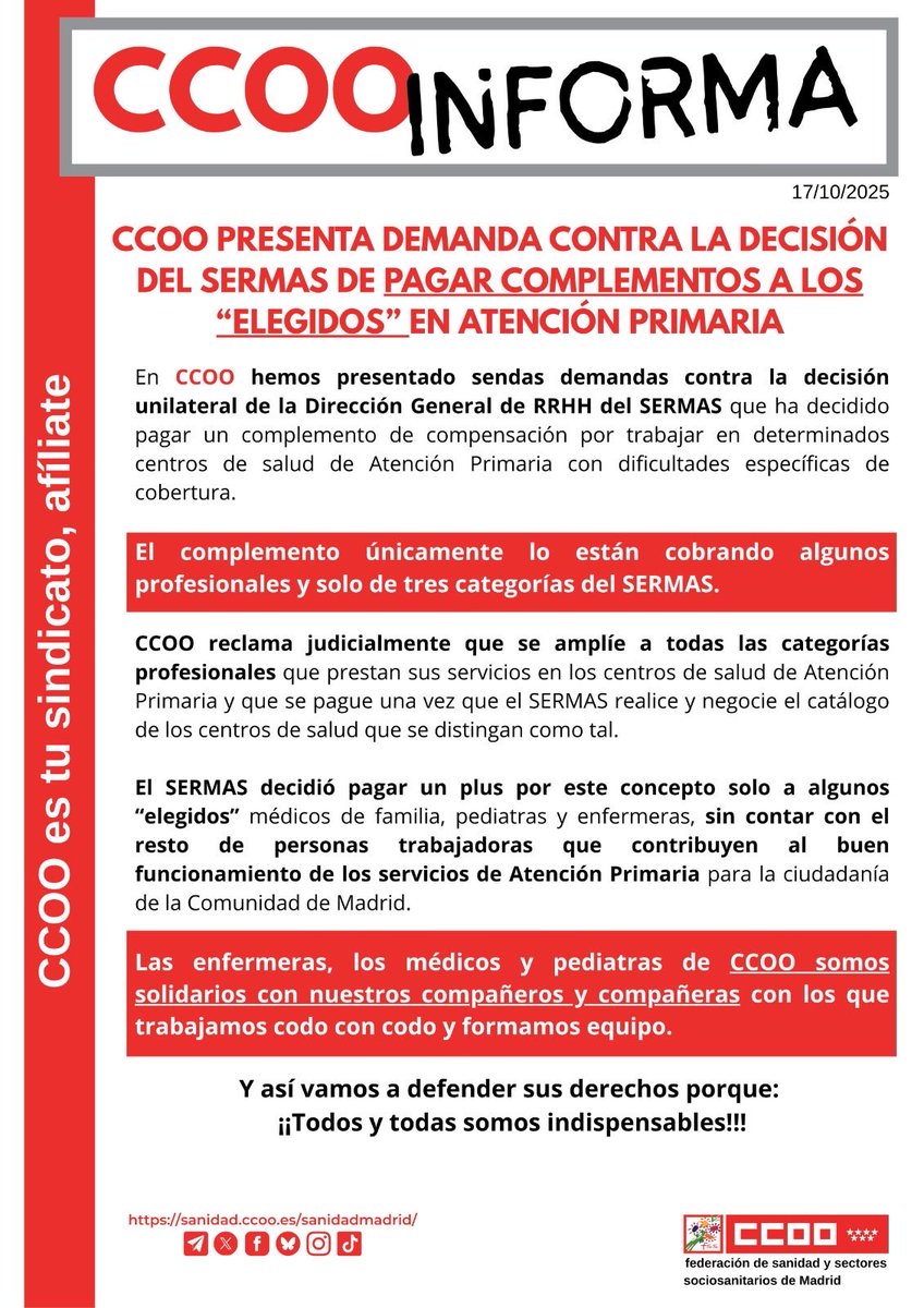 CCOOSanidadMad's tweet photo. 🏥#CCOO demanda al SERMAS @ComunidadMadrid por pagar complementos discriminatorios en Atención Primaria.

💶💰Lo cobran solo algunos “ELEGID@S” y discriminan al resto en la misma situación.

🏥👩‍⚕️👨🏻‍⚕️profesionales de Sanidad Pública. Te informamos 👇🏾 https://t.co/vSd46a03Rl