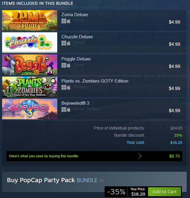 JaqlynDandy's tweet photo. You can buy the Popcap Party Pack, containing 5 of Popcaps golden age games for $16.20 on Steam. This price is less than what it costs for you to buy PvZ Replanted on the same platform. #plantsvszombies https://t.co/6JIQcAUFOq