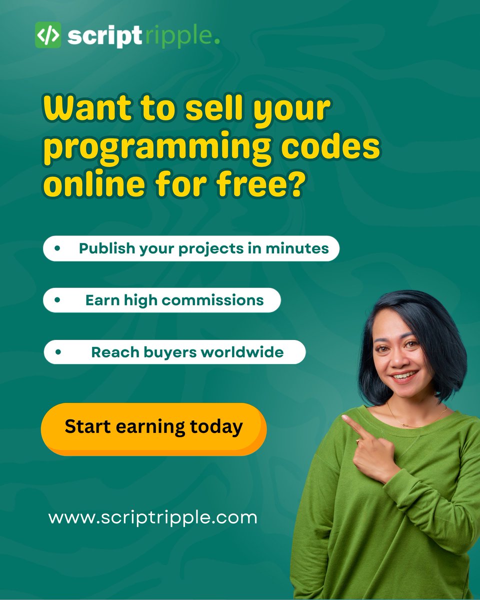 ScriptRipple's tweet image. Sell your programming codes online — for FREE!
Join ScriptRipple and start earning from your work 💸
✅ No listing fees
✅ High commissions
✅ Global buyers
Start today 👉 scriptripple.com
#ScriptRipple #SourceCode #WebDev #Developers #EarnOnline