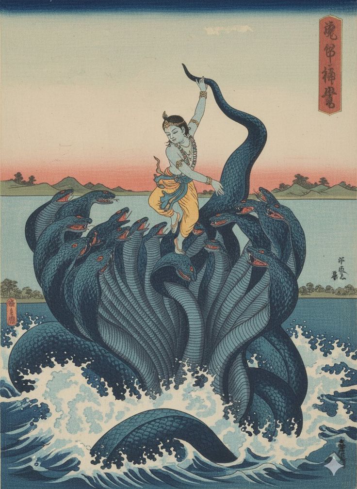 Arthistorian18's tweet image. A Japanese woodblock print depicting Krishna defeating the serpent Kaliya.
The inscription 「竜宮神事」(Ryūgū Shinji) means “The Sacred Deed at the Dragon Palace,” blending Hindu and Japanese mythic imagery.