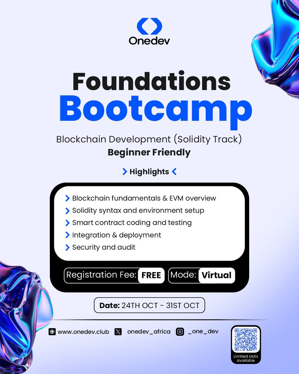 _one_dev's tweet image. 📣 Two months left in 2025!
Are you still procrastinating on starting your blockchain developer career?
Stop watching from the sidelines and start locking in!
If you are unsure where to begin👇
Join us for a 6-days 100% FREE foundational bootcamp on blockchain engineering.…