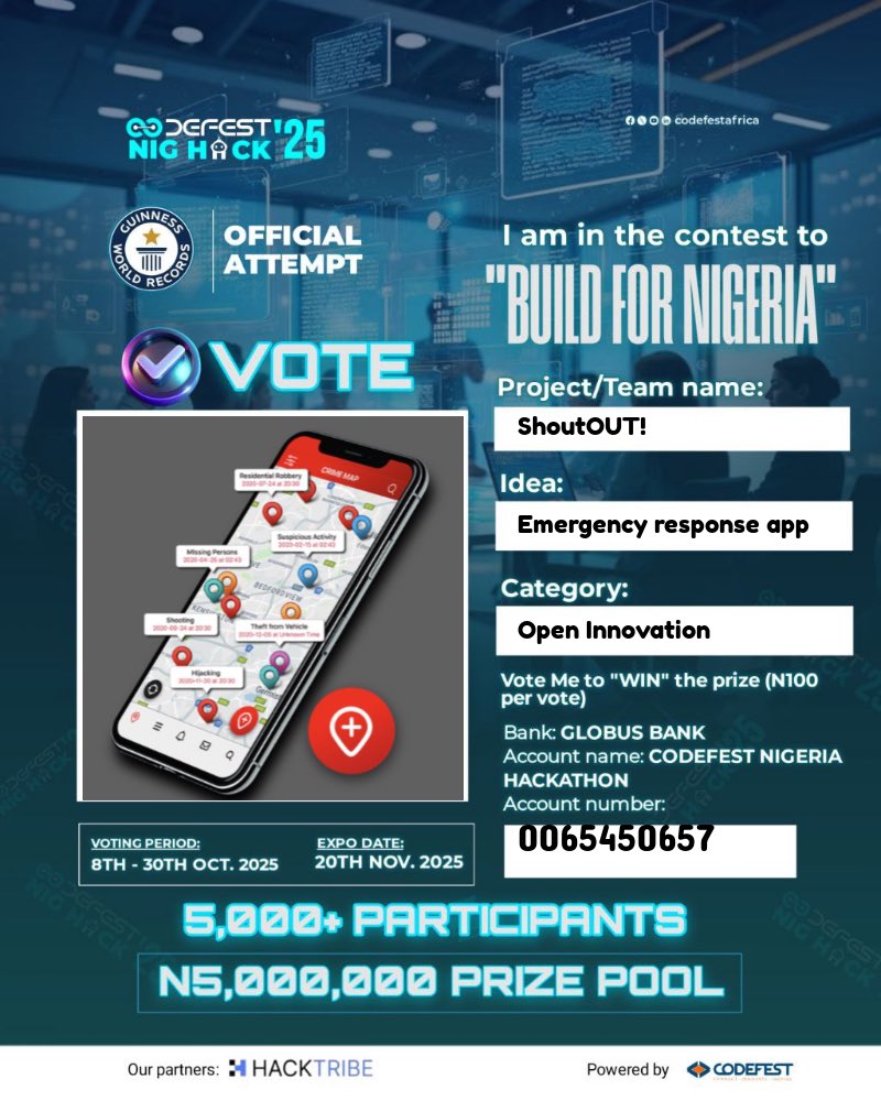shout_Out_NG's tweet image. 🗳 Vote ShoutOUT in the #CodefestNigeriaHackathon challenge and help us build a safer, more united Nigeria.
#BuildforNigeria #codefestnigeriahackathon2025 #VotingPhase #LeaderboardUpdate #SeeSomethingShoutItOut #BuildForNigeria #CodefestAfrica #InnovationForSafety