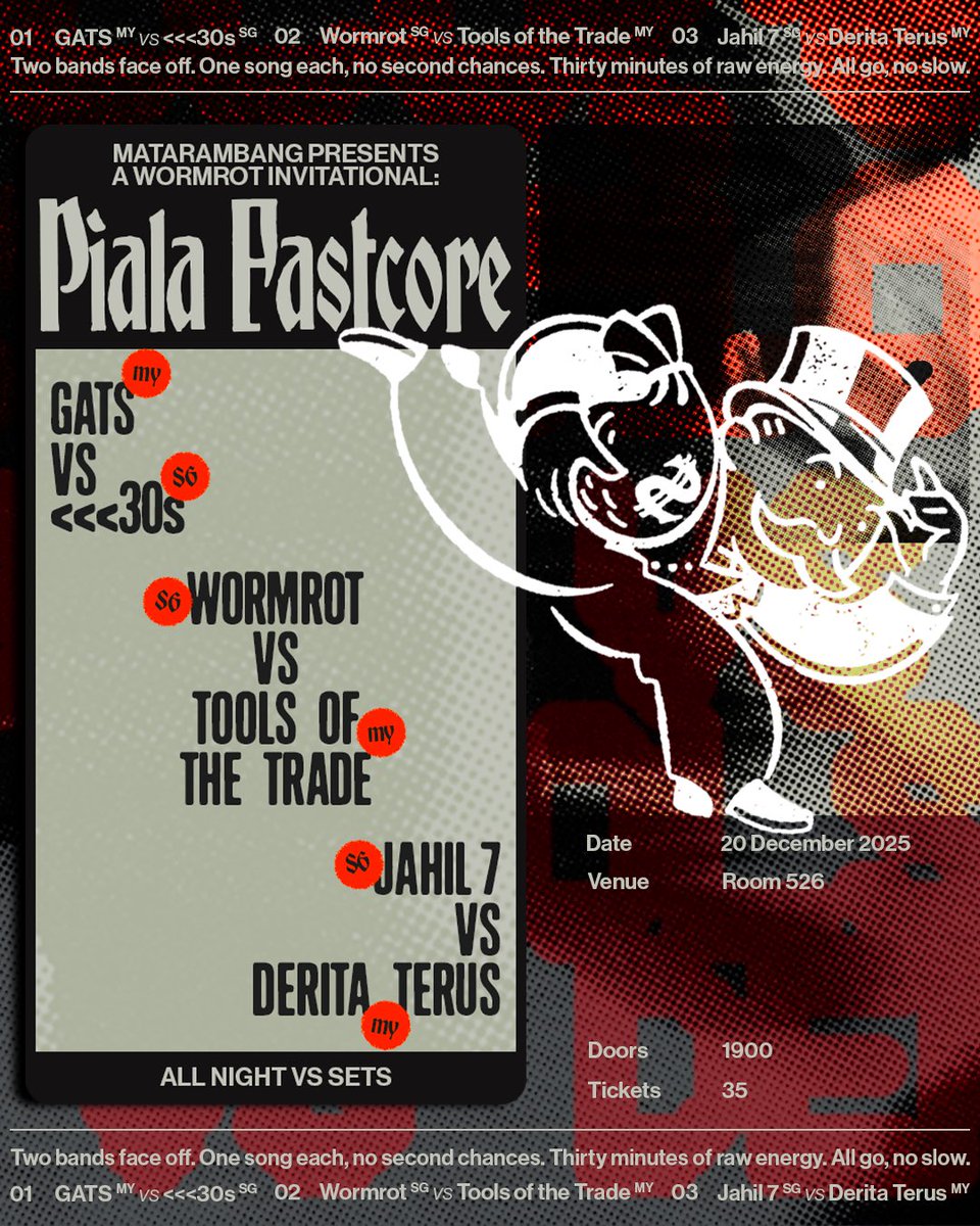 Wormrot's tweet image. THIS IS FAST! We’re bringing VS sets back! SG VS MY! Witness two bands go song-for-song in a 30-minute thrashcore faceoff. The winner? You decide!

PIALA FASTCORE: organised by MATARAMBANG X WR