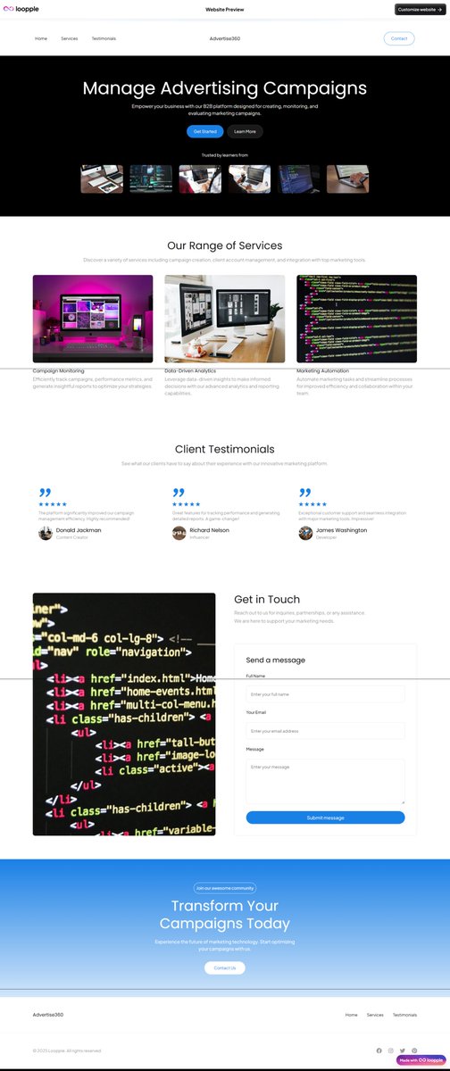 AbeerAlhasan's tweet image. أنتبه ترى بعض التجارب إدمان ..!!🙈

تخيّل وأنت جالس في أمان الله تدخل هذا الموقع اللي الكل يمدح سرعته …
loopple.com

وتقول "خلني أجرب" 😏
تكتب بالعربي أو الإنجليزي المطلوب اللي في بالك ، مثلاً “أبغى تصمم لي موقع تسويق احترافي” .
وخلال دقيقة، تلقاه جاهز قدامك.. ! ⚡…