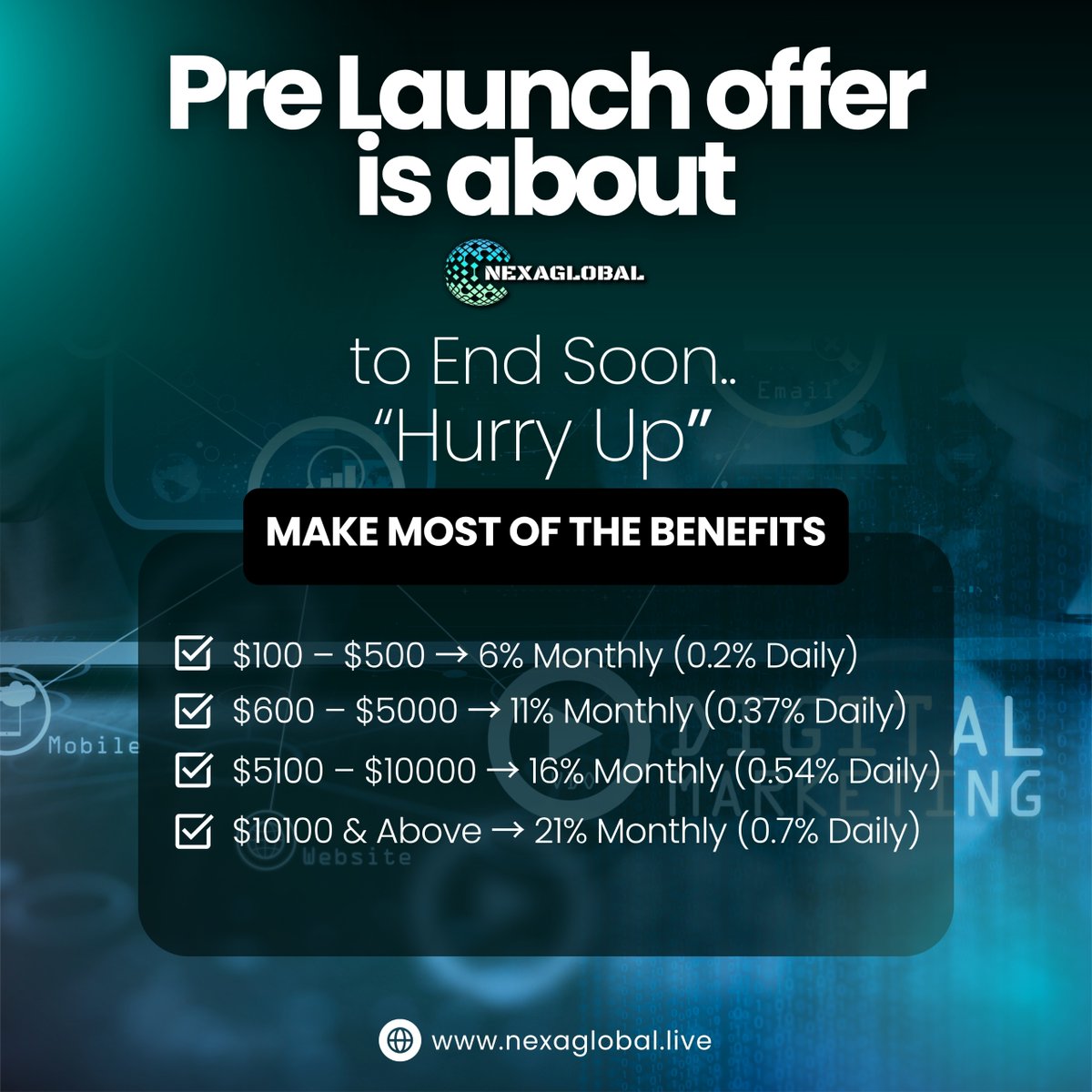nexa_global's tweet image. 🔥 Don’t Miss Out on the Pre-Launch Offer!
💰 Invest Smart, Earn Big — up to 21% Monthly Returns!
⏳ Offer valid till pre-launch only… so hurry up!
🌐 nexaglobal.live
#NexaGlobal #PreLaunchOffer #CryptoRewards #InvestNow #EarnDaily #SmartEarnings #WealthCreation