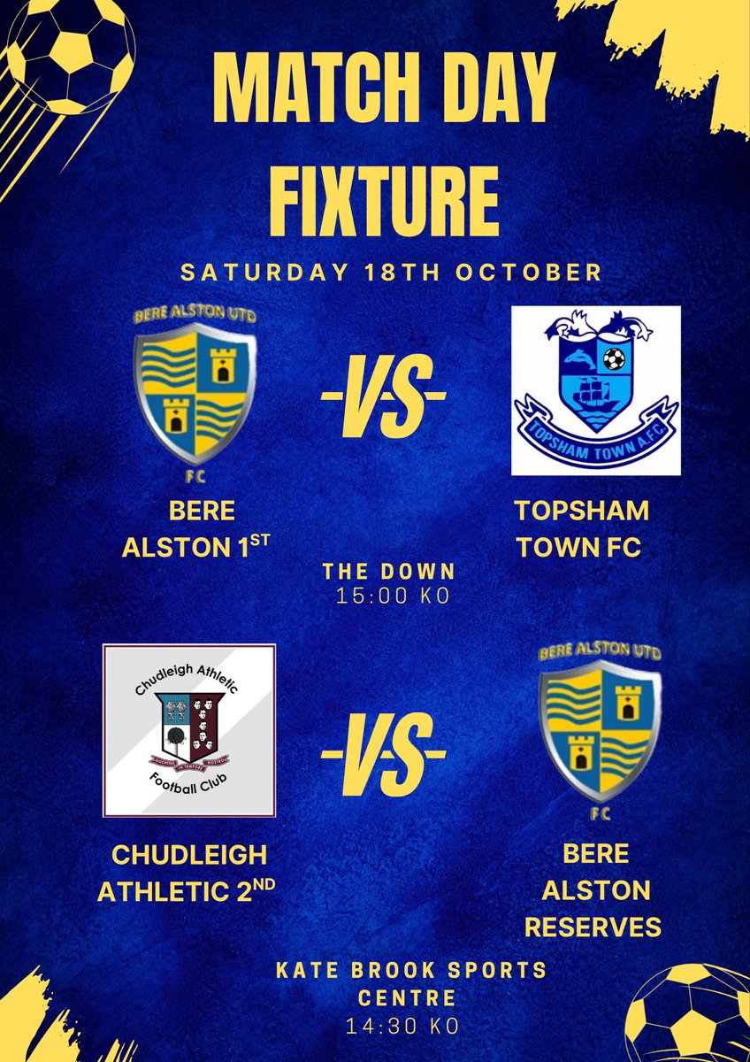 MATCH DAY FIXTURES 

1st Team Home - facing <a href="/TopshamTown_FC/">Topsham Town FC</a>  

2nd Team Away - facing <a href="/chudleighath2/">Chudleigh Reserves</a>  

Good luck lads!