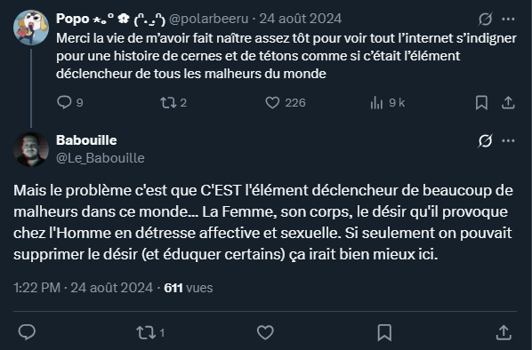 Fyrelone's tweet photo. ALERTE POTENTIEL AGRESSEUR ALERTE POTENTIEL AGRESSEUR

Si tu penses que c'est la faute des femmes, qu'elles sont trop "irrésistibles", alors t'es un potentiel agresseur à mes yeux, pcq rien ne t'empêche un jour de le faire puisque tu ne ressentiras pas de culpabilité https://t.co/Qk6wdbQwA7