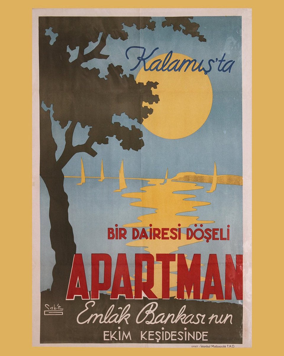 Bina ve arsa sahiplerine kredi vermek amacıyla 1926’da kurulan Emlak ve Eytam Bankası’nın Ekim ayı çekilişini duyuran Sabit Göker tasarımı afiş. 1946 sonrası.

Suna ve İnan Kıraç Vakfı Afiş Koleksiyonu.