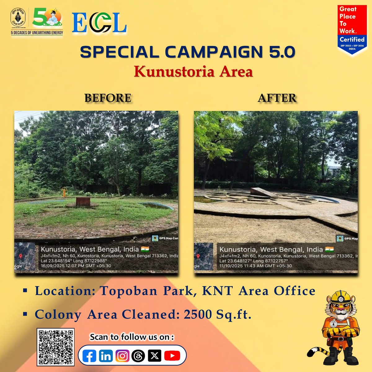 easterncoal's tweet photo. Under Special Campaign 5.0, a Cleanliness Drive was organised at  Kunustoria Area Office, ECL. A total of 2,500 sq. ft. area was cleaned, reinforcing ECL’s commitment to a clean and green workplace.

#SpecialCampaign5.0 #SHS2025

 @CoalMinistry | @DARPG_GoI | @SwachhBharatGov https://t.co/f3Elgh0hUL